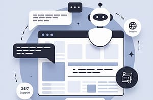 Illustration of an AI chatbot interacting with customers on a website, displaying chat bubbles, a computer screen, and icons representing 24/7 customer support and lead generation