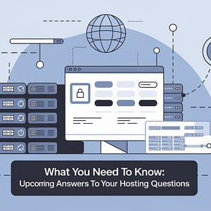 Illustration of web hosting concepts including servers, computer screens, and domain names, with text overlay 'What You Need to Know: Upcoming Answers to Your Hosting Questions.